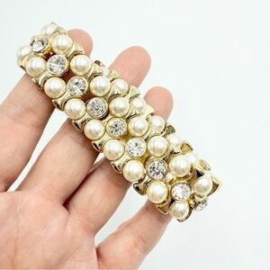 Monet Gold Tone Rhinestones Faux Pearl Stretch Bracelet